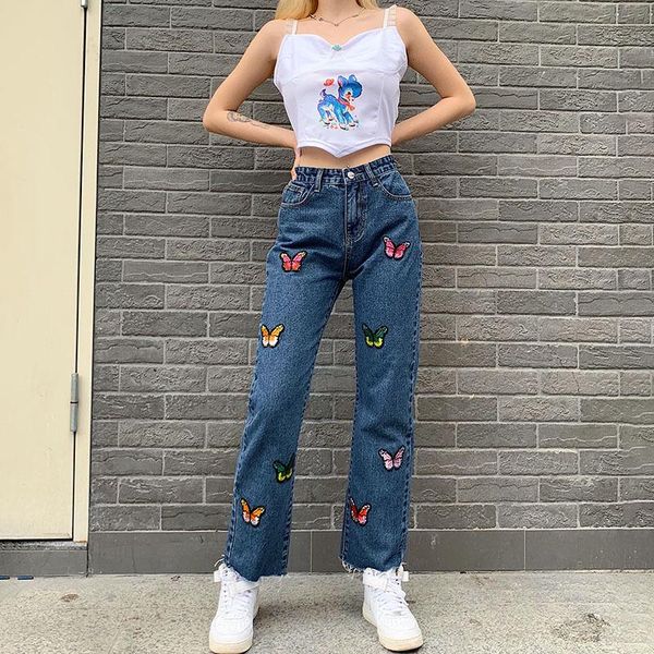 

vintage pants baggy high waist printed jeans 2021 style streetweat women butterfly print slim straight lady aesthetic women's, Blue