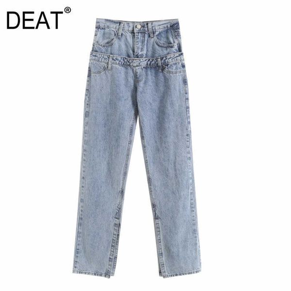 

[deat] women spring autumn fashion wide leg pants loose high waist solid color split fork personality jeans 13c322 210527, Blue