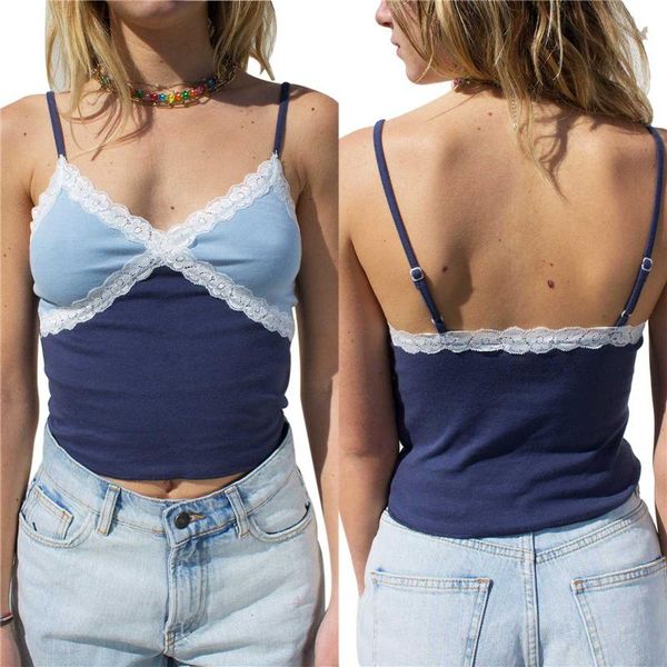 

women's tanks & camis 2021 fashion trend skinny crop tank summer sleeveless v neck lace patchwork slim fitted camisole sun-, White