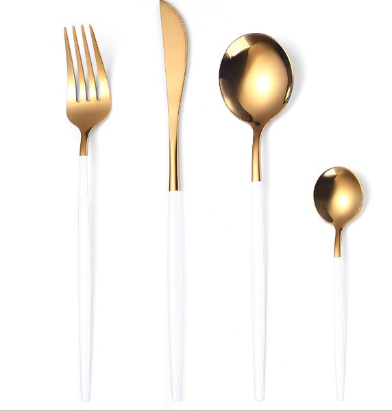 2021 Portugal Pointed Cauda Cutlery Faca e Forquilha Colher Hotel 304 Aço Inoxidável Aço Inoxidável Utensílios Ocidentais The White Handle Golden Flatwar