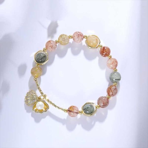 

charm bracelets rutilated quartz bangles for women girls natural crystal shell birthday party jewelry, Golden;silver