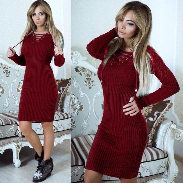 

casual dresses 2021 solid autumn and spring comfortable knit v-neck lace-up body con slim basic female, Black;gray