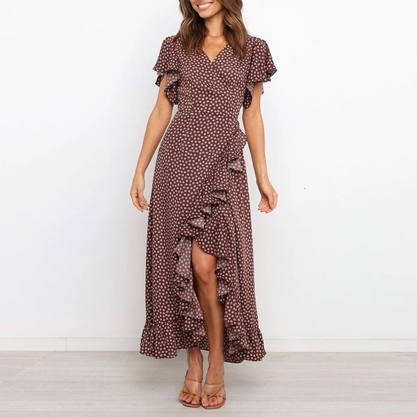 

casual dresses cascading ruffle long women summer butterfly sleeve dot print asymmetrical beach style lady vestidos 2aaf, Black;gray