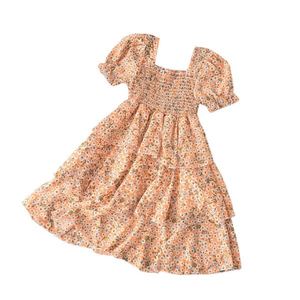 

girl's dresses kids girls short sleeve floral dress stylish square collar for children 2021 fashion, Red;yellow