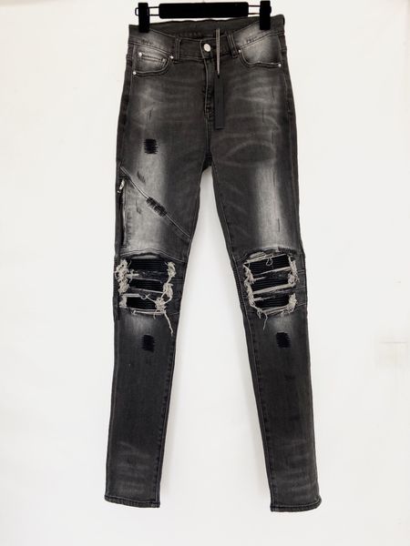 

luxury designer mens jeans long pants skinny knee grey zipper spell leather destroy the quilt ripped hole fashion jean men designers cloths, Blue