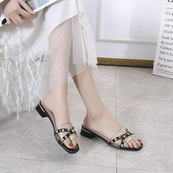 

slippers 2021 pu jelly sandals open toe high heels women transparent shoes square heel clear gladiator casual rivet sandalias, Black