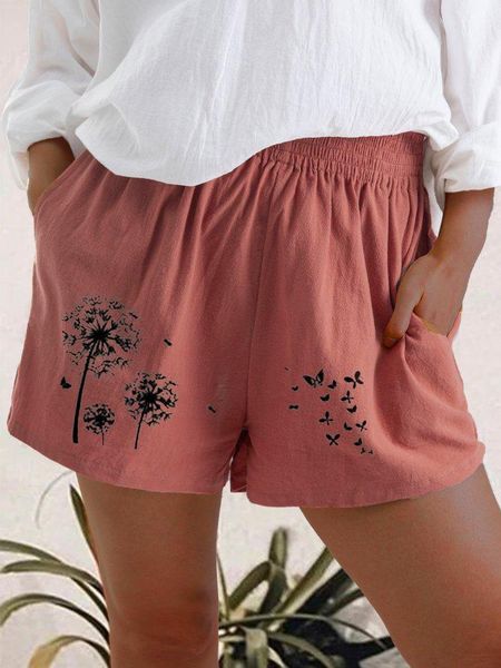 

women's shorts loose summer high waisted dandelion print solid color casual cotton linen pocket for women holiday girl, White;black
