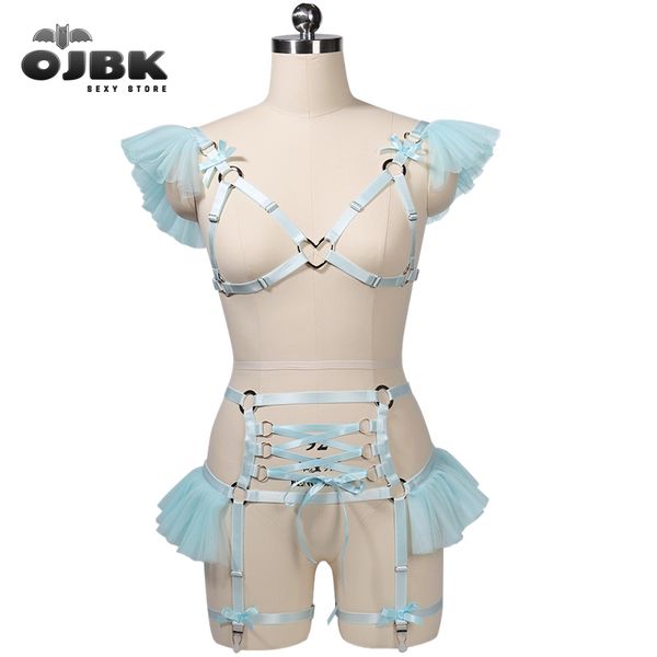 

lingerie body cage pastel punk body harness belt woman garter pink bow chiffon bra kawaii open bust bondage body cage, Black;white