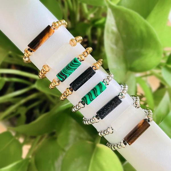 

wedding rings vintage fashion stainless steel for women natural stone malachite tigereye flexible rope handmade promise gift, Slivery;golden