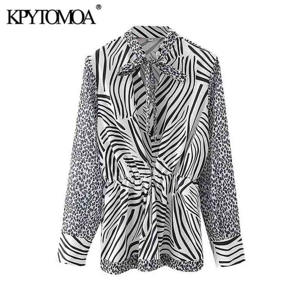 

women fashion with bow tied zebra print blouses long sleeve animal pattern female shirts chic 210420, White