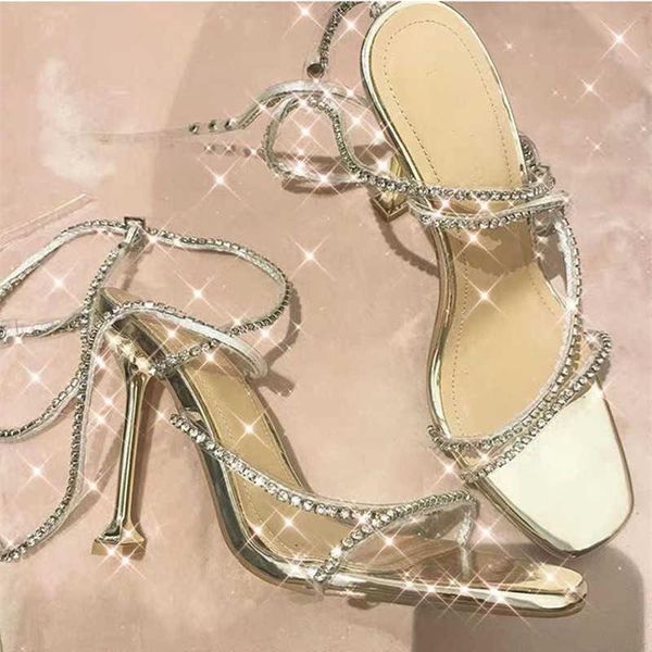 

sandals 2021 summer heels women rhinestone ankle strap party dress shoes woman open toe thin high, Black