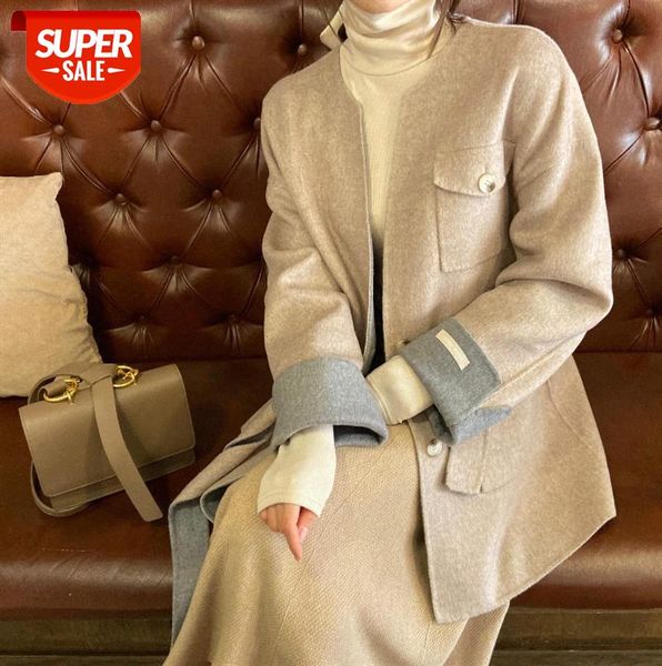 

responsible for appearance korean designer korea fabric handmade double-sided cashmere coat women's mid-length #4i7r, Black