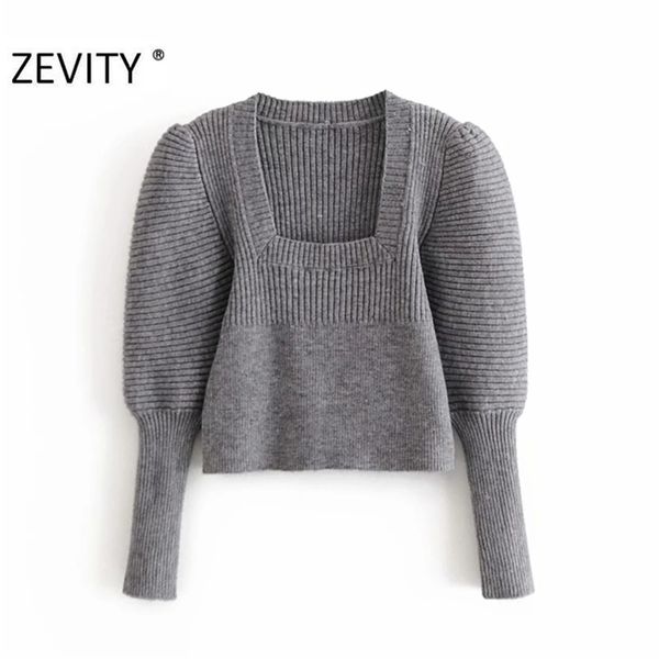 

women high street square collar knitting sweater female puff sleeve casual slim chic retro pullover s414 210420, White;black
