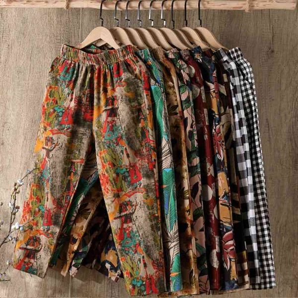 

summer fashion printed cotton linen harem pants for women casual high waist calf-length loose trousers female streetwear 210603, Black;white