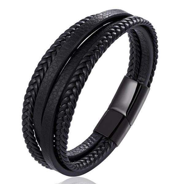

link, chain mens leather bracelet fashion jewelry stainless steel magnetic clasp cowhide multi-layer braided rope men, Black