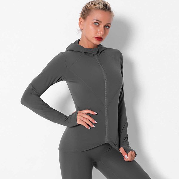 

selling autumn and winter solid color sports zipper coat yoga suit women's fast dry running fitness long sleeve top, Gray