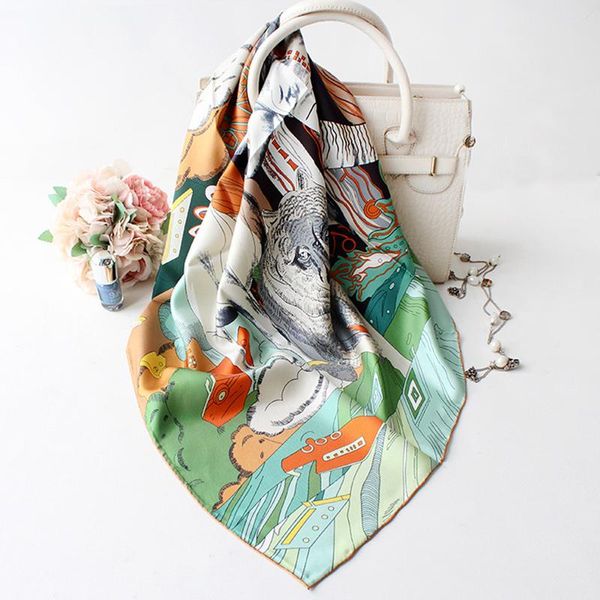 

scarves 100% silk scarf twill kerchief women fashion tribal style animal shawl hijab hand rolled square bandana 90*90cm, Blue;gray