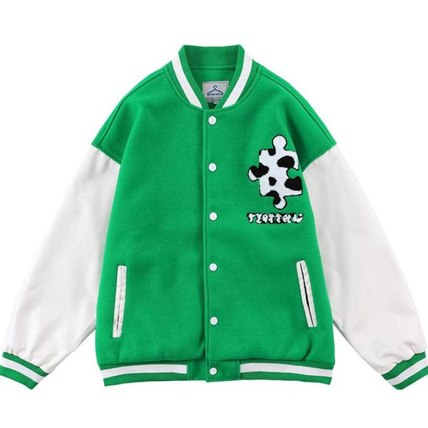 

men's jackets men fun puzzle embroidery jacket couple contrast pu stitching loose baseball uniform male simple preppy stand collar, Black;brown