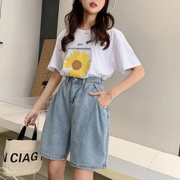 

casual denim summer wide womens shorts legs high waist blue knee lenght female loose fit jeans vintage ladies bermuda, White;black