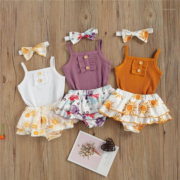 

clothing sets 2021 0-18m born baby girl sweet clothes summer solid color sleeveless suspender romper+floral layered shorts 3pcs1, White