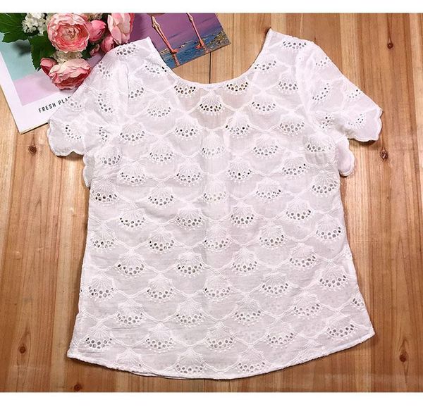 

women's blouses & shirts elfstyle ladies cotton white/black hollow out embroidery with short sleeve buttoned v back