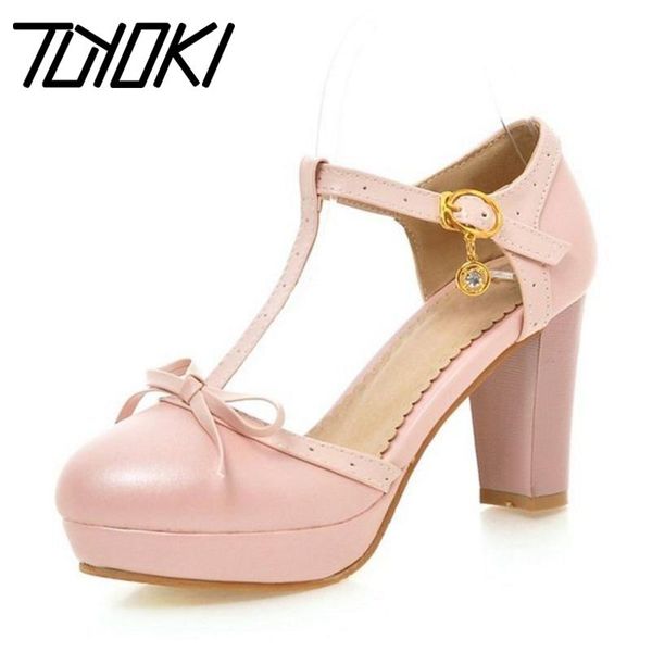 

dress shoes tuyoki size 32-43 women t strap sandals buckle thick high heels bowknot platform sandalias lady party footwear, Black