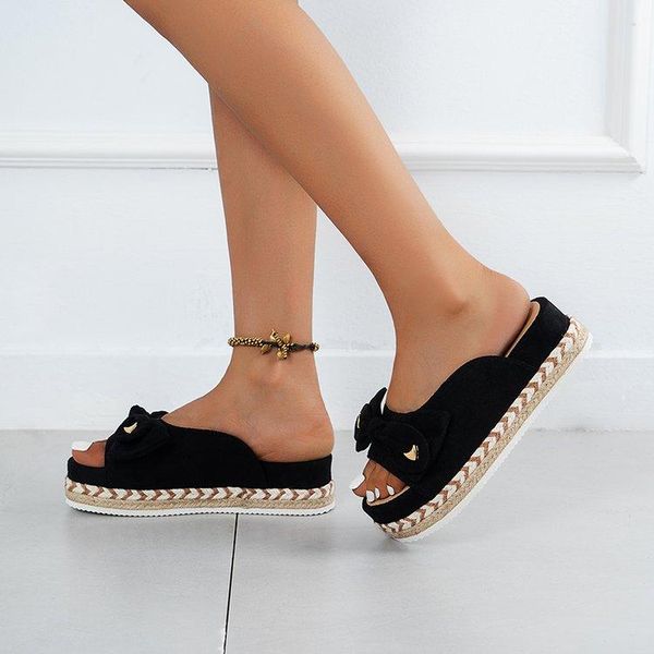 

slippers 2021 fashion ladies thick-soled flip flops woven summer pu high heels, Black