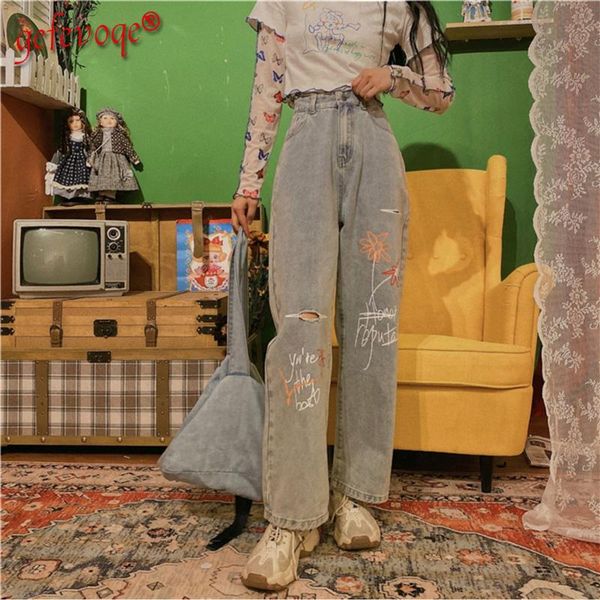 

women's jeans vintage clothes korean fashion streetwear casual wide leg print denim trousers straight high waist ripped pants, Blue