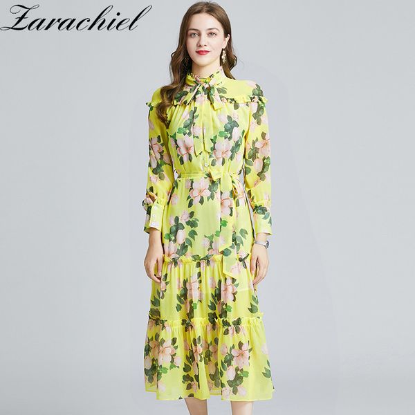 

summer vacation runway dress women bow tie collar lantern sleeve rose floral print sashes elegant yellow chiffon dresses 210416, Black;gray