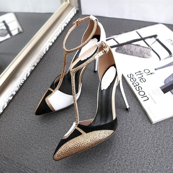 

bling rhinestone sandals women color block summer shoes woman fashion pointed toe high heels hollow pumps ladies, Black