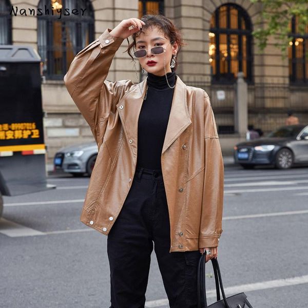 

women's leather & faux autumn khaki jacket loose oversized motorcycle plus size streetwear melhor jaqueta, Black