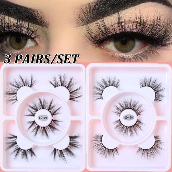 

false eyelashes 3 pairs 3d faux mink wispies fluffy criss-cross natural thick fake lashes eye makeup extension tools