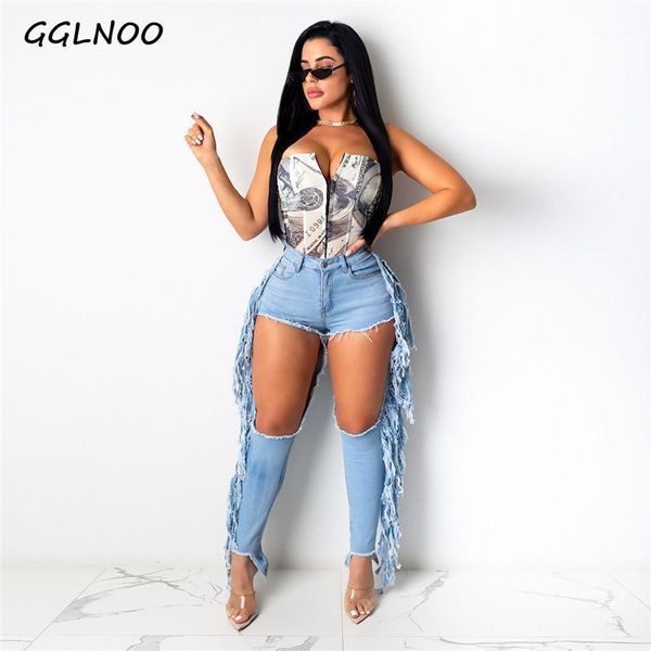

women's jeans gglnoo ripped for women hole high waist cut out tassel splicing trousers vintage stretch flare denim pants, Blue