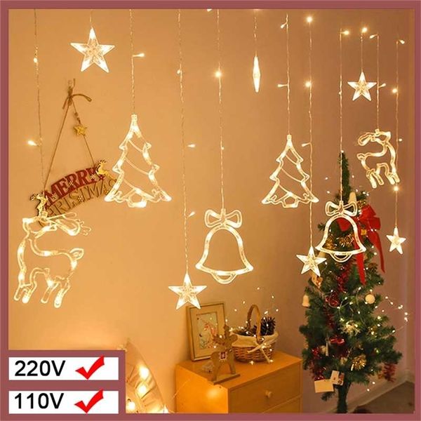 LED Deer Star Moon Vorhang Licht 220V 110V Weihnachtsgirlande String Fairy Lichter im Freien für Zuhause Hochzeit Party Jahr Dekor 211122