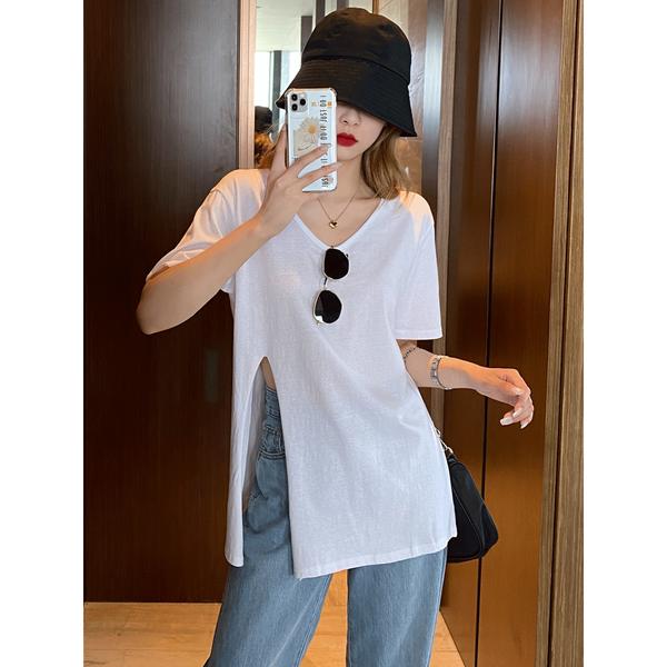 

womens white t-shirt with side slit at hem summer short sleeve 2020 new irregular slit design v-neck top, Black