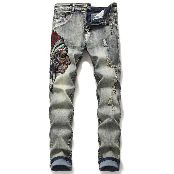 

men's loose jeans good quality embroidery denim pants distressed trousers, Blue