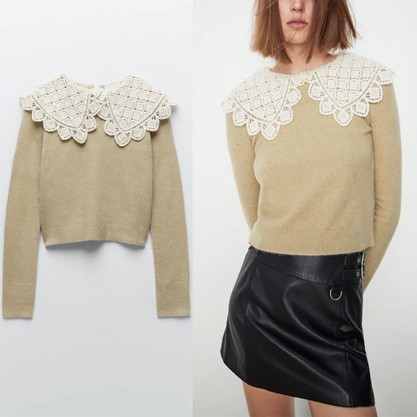 

sweaters splicing lace applique knit sweater women long sleeve lapel collar elegant sweaters knitted woman chic slim pullover, White;black