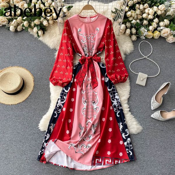 

fashion retro print long dress women puff sleeve o neck sashes a-line es spring casual bohemian vacation 210512, Black;gray