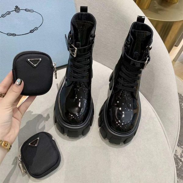 

fashion pocket platform buckle strap black women lace up female sole pouch chunky ankle boots plus size 34-40