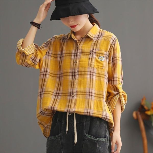 

arrival spring autumn arts style women long sleeve loose casual turn-down collar blouse femme cotton linen plaid shirts s96 210512, White