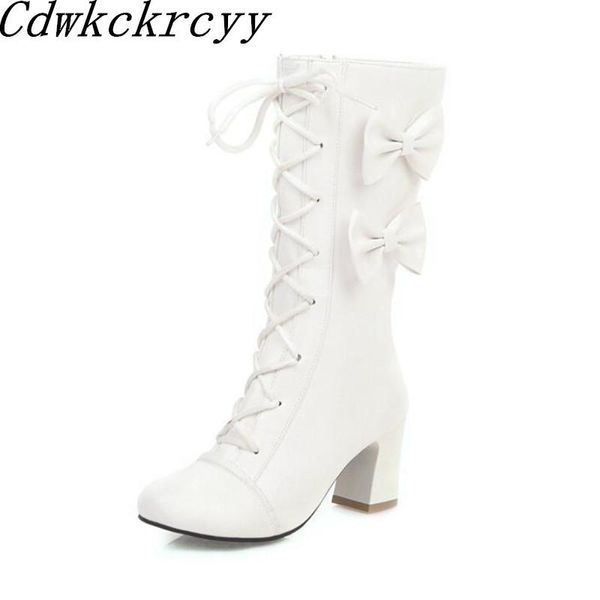 

boots winter pattern fashion sweet bow coarse heel women overlapping bandage cashmere keep warm high-heeled, Black