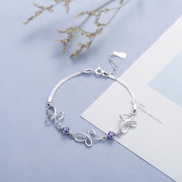 

link, chain silver bracelet s925 sterling jewelry personality butterfly inlaid stone handchain with box, Black