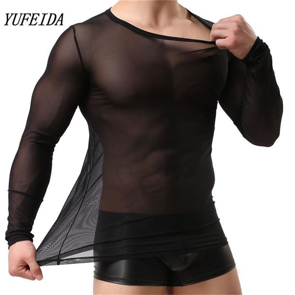 

see through men's t-shirts mesh tee shirt homme summer long sleeves men t shirts male camiseta transaprent, White;black