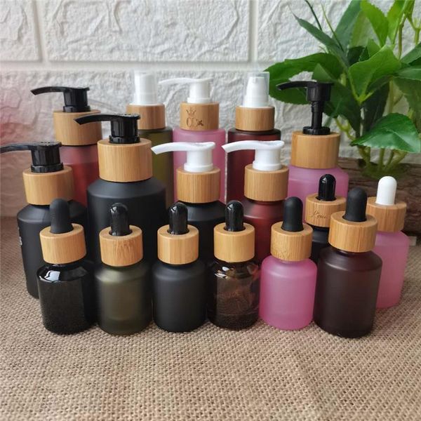 

storage bottles & jars pink/amber/black frosted glass bottle pump bamboo cap dropper ,cosmetic packing,packing for liquid oil