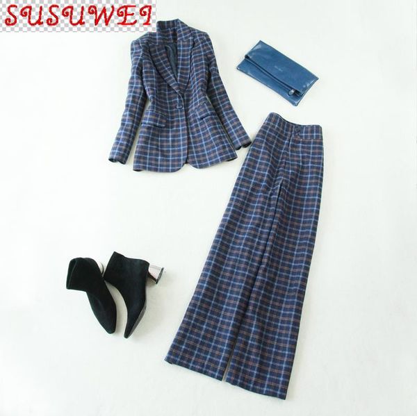 

plus size women's suit office pants two-piece work clothes winter plaid ladies jacket waist wide leg two piece, White