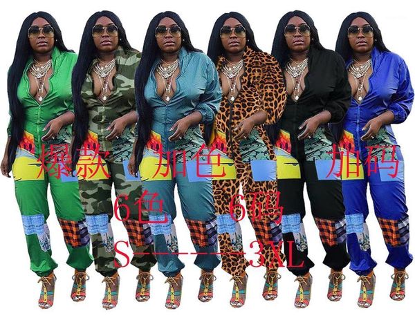 

women's jumpsuits & rompers 2021 spring fashion women street casual style long sleeve lapel zipper printed pants, Black;white