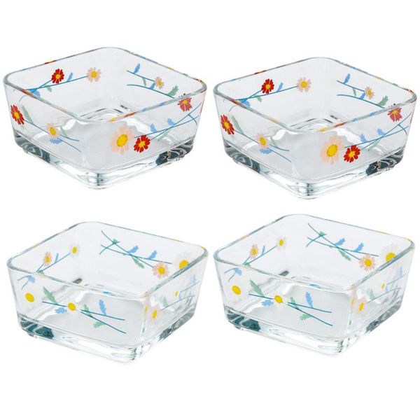 

4pcs daisy pattern glass bowl fruits salad dessert square bowls