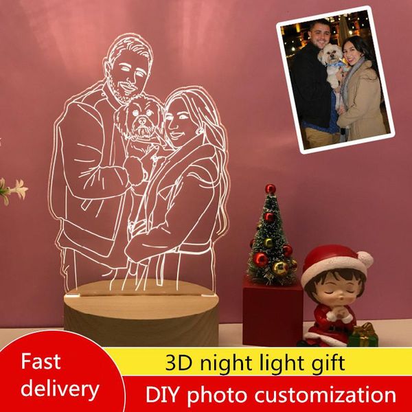 

night lights po customized 7 color light 3d led lamp wooden base for boy and girl couple valentine's day gift lamps room decoration