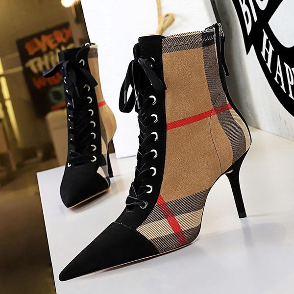 

boots 2021 luxury women 8cm thin high heels stiletto pointed toe ankle designer nightclub lace up gothic party shoes, Black