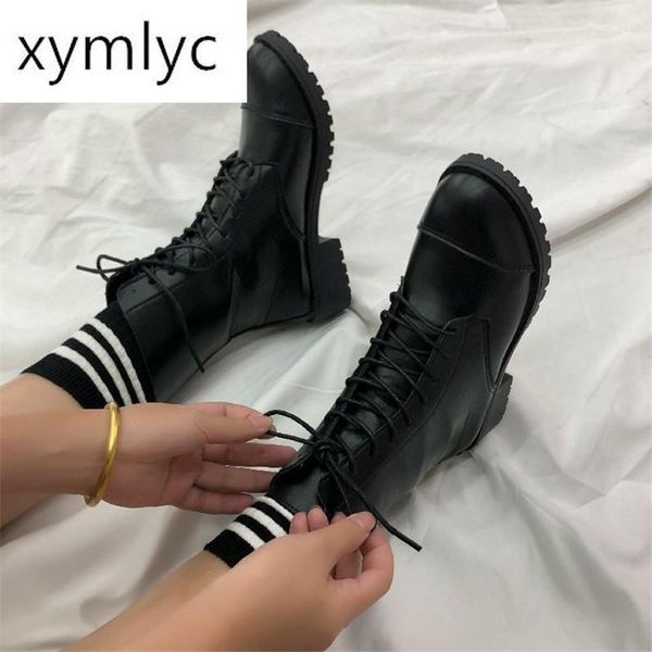 

boots ankle women platform high heels female lace up shoes buckle short boot ladies footwear quality leather, Black